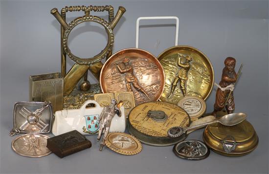 Eighteen assorted cricket and golf related items, including watch? stand, crested china, medallions, ashtrays etc.